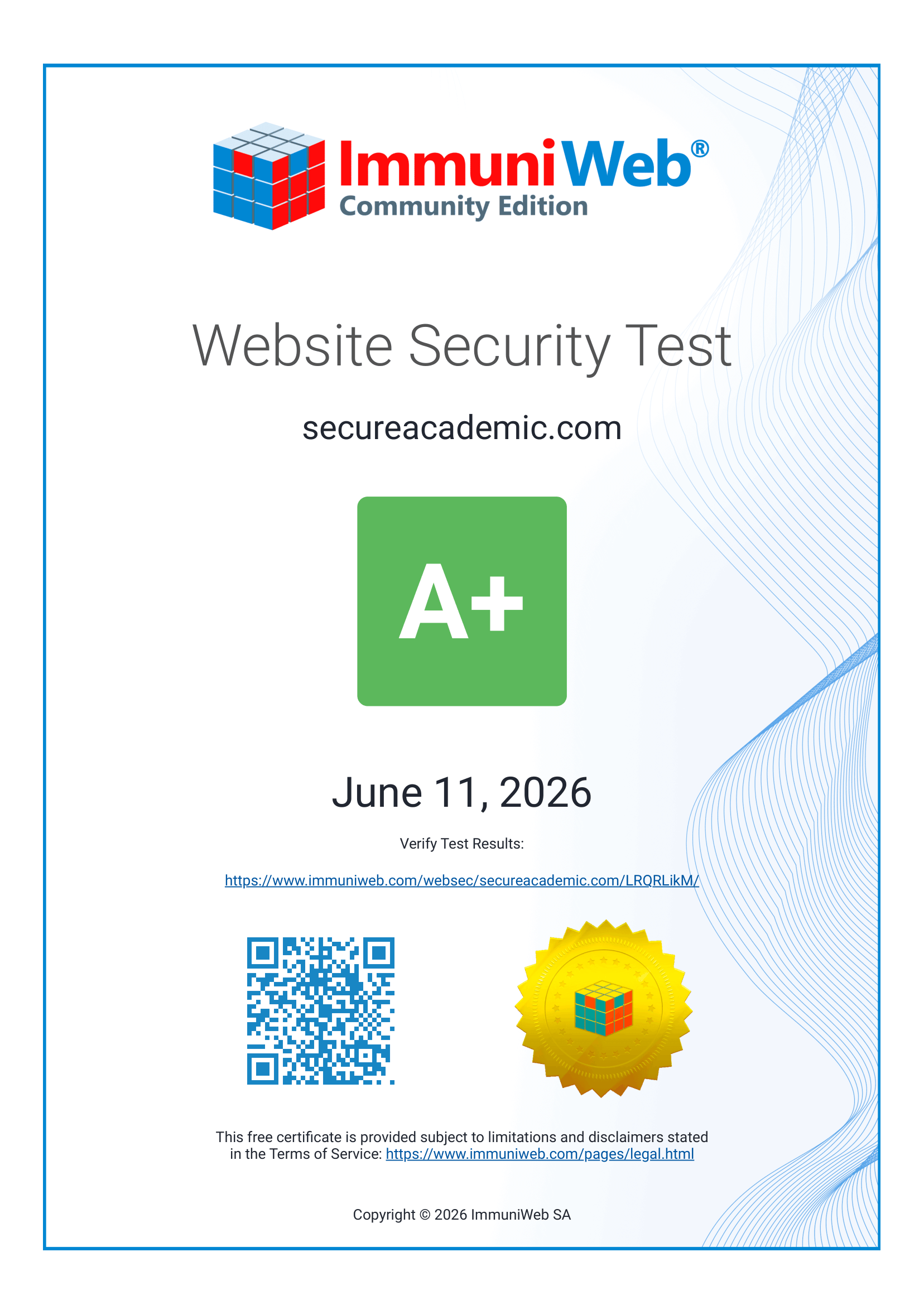 ImmuniWeb A+ Certificate