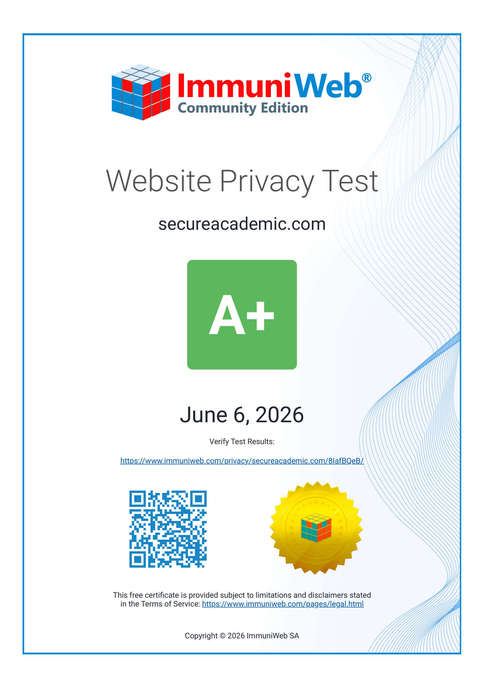ImmuniWeb A+ Certificate